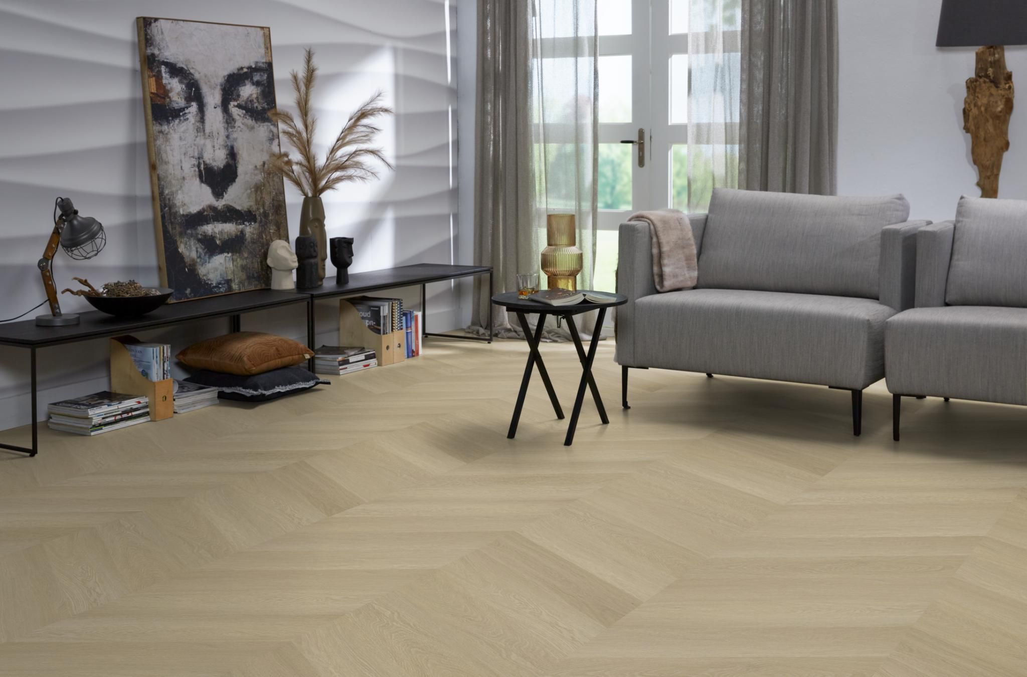 Hongaarse punt plak pvc Floorlife Yup Fulham Chevron Dryback Natural Oak
